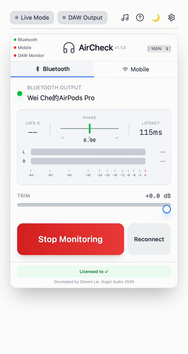 AirCheck Reference Tracks demo — loading tracks, A/B comparison, and gain matching
