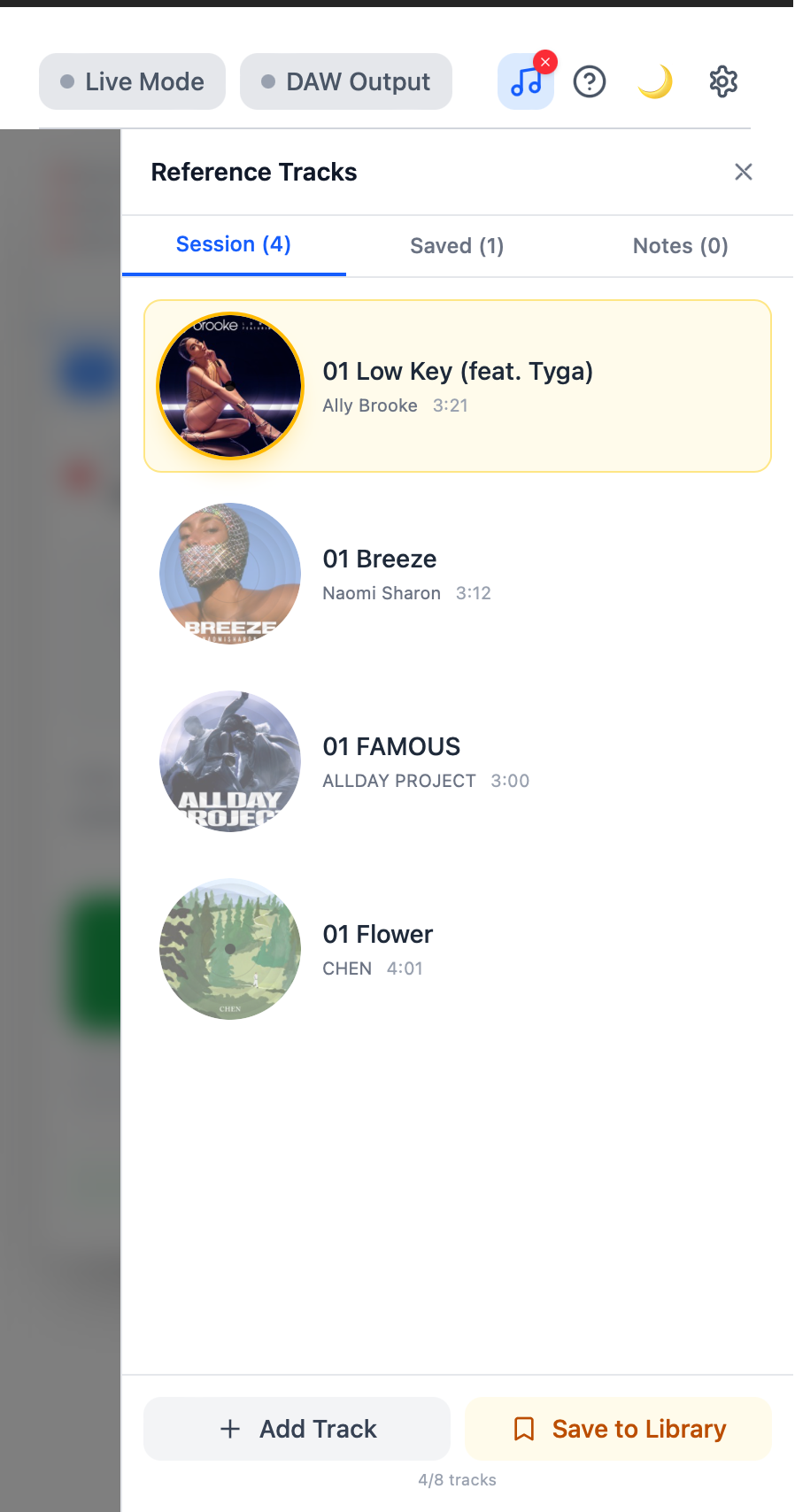 AirCheck Reference Tracks panel showing loaded tracks with album artwork