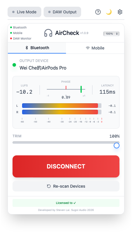 AirCheck Bluetooth Mode Interface