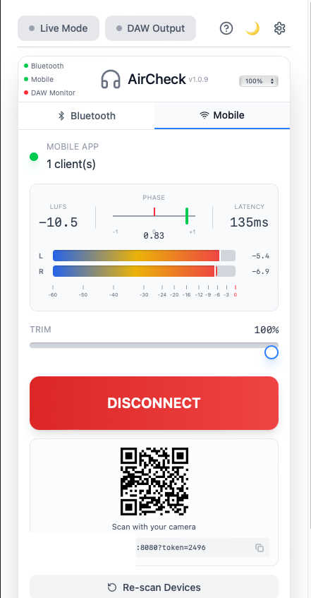 AirCheck Mobile Streaming Interface