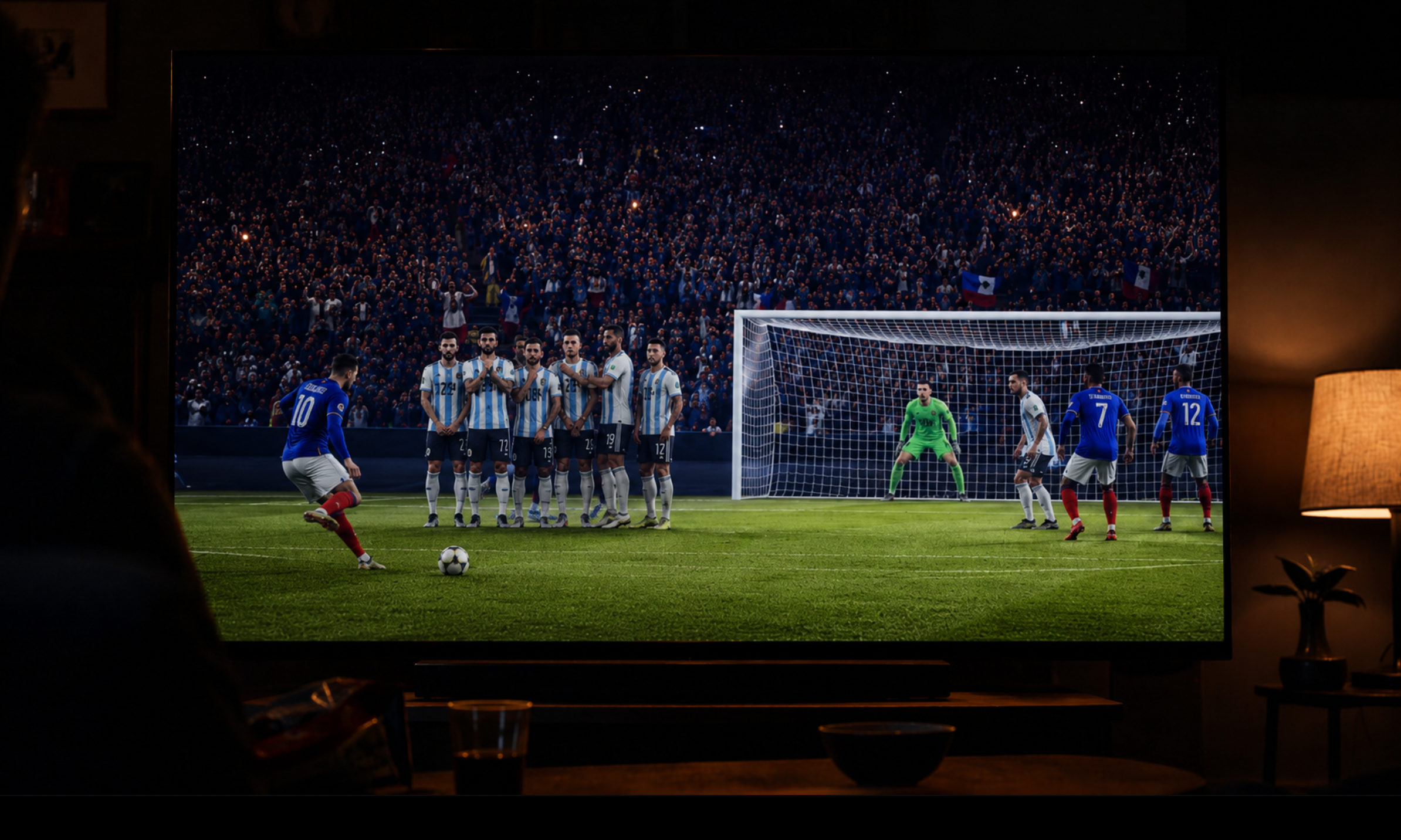 Watching a 2026 World Cup free kick on TV, late at night from the sofa
