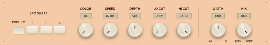 SugoiDimension Advanced controls — LFO Shape, Color, Speed, Depth, Lo Cut, Hi Cut, Width and Mix